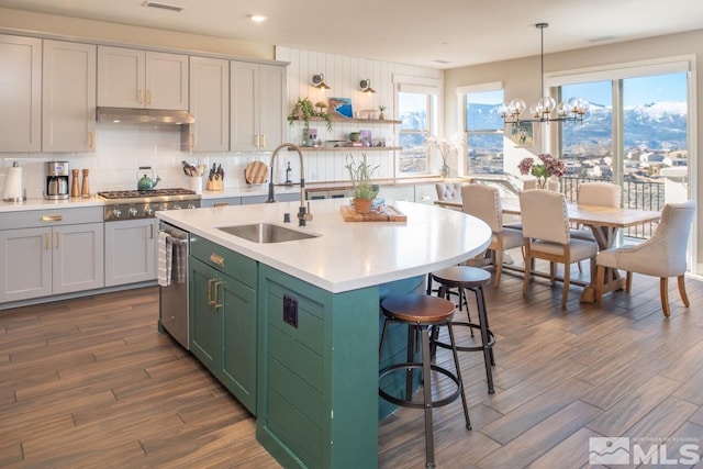 kitchen with dark wood finished floors, light countertops, a sink, and under cabinet range hood