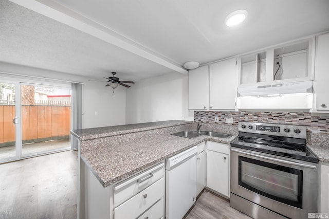 kitchen with dishwasher, electric stove, a peninsula, under cabinet range hood, and a sink