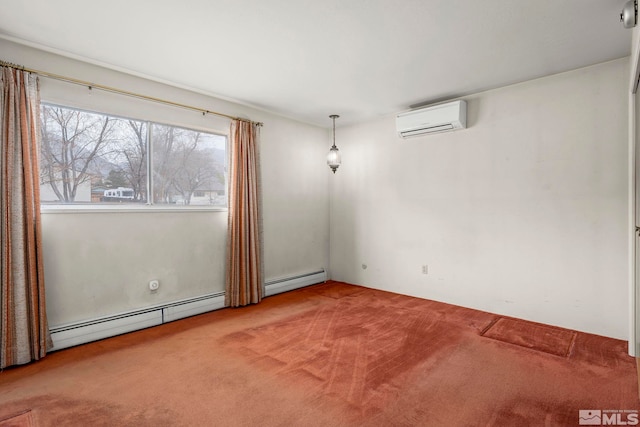 empty room with a wall unit AC, a baseboard heating unit, and carpet flooring