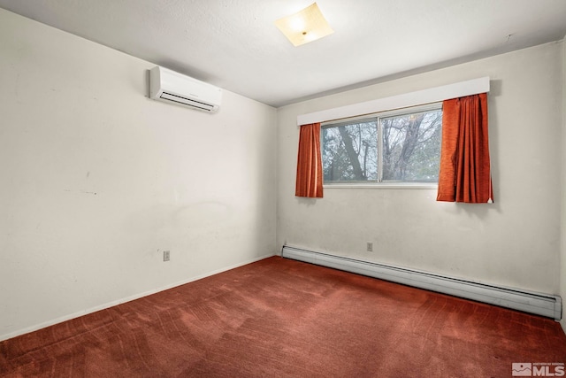 spare room with carpet floors, a baseboard radiator, and a wall mounted AC