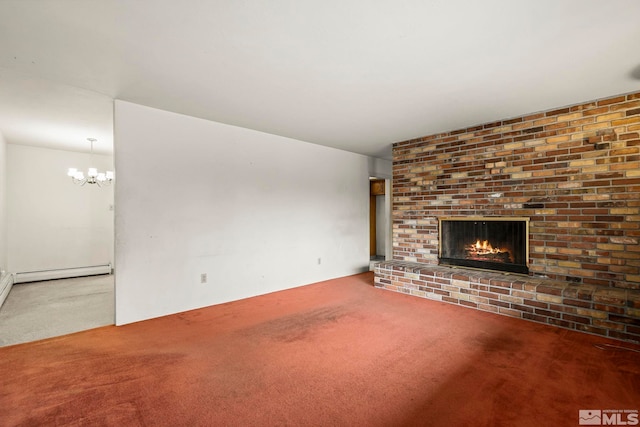 unfurnished living room with a brick fireplace, carpet, baseboard heating, and an inviting chandelier