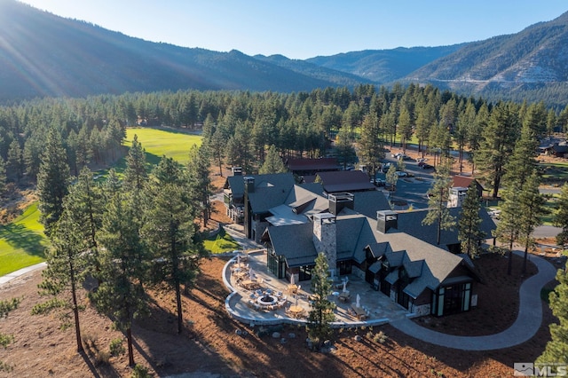 drone / aerial view featuring a mountain view and a view of trees