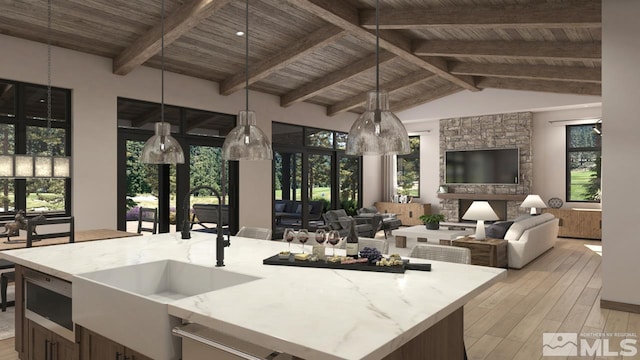 kitchen with light wood-type flooring, open floor plan, wooden ceiling, and hanging light fixtures