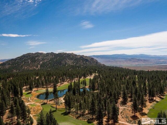 property view of mountains featuring a water view and a wooded view