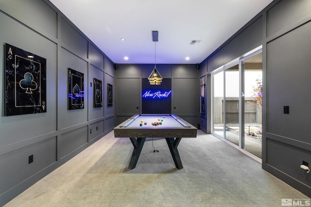 playroom featuring recessed lighting, visible vents, a decorative wall, light carpet, and billiards