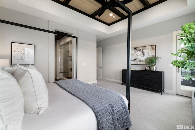 bedroom with light carpet, baseboards, coffered ceiling, and beamed ceiling