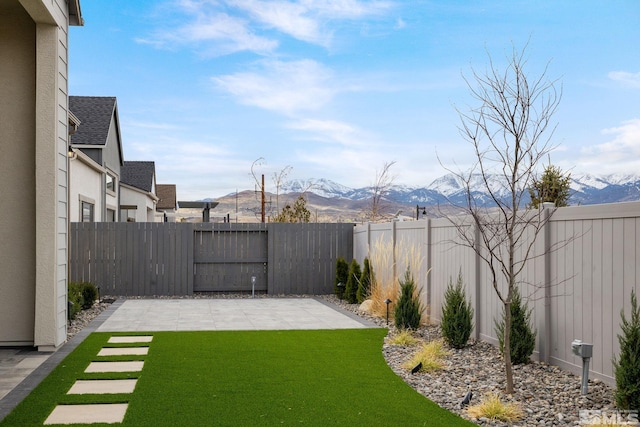 view of yard with a fenced backyard, a patio, and a mountain view