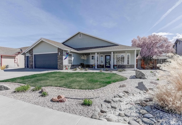 ranch-style house with an attached garage, stone siding, fence, and a porch