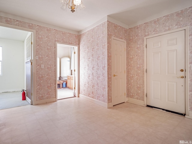 unfurnished room with wallpapered walls, baseboards, crown molding, and tile patterned floors