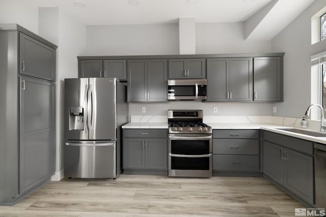 kitchen featuring stainless steel appliances, gray cabinets, a sink, and light wood-style flooring