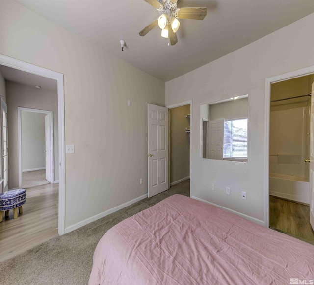 carpeted bedroom featuring a walk in closet, connected bathroom, baseboards, and ceiling fan