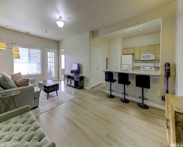 living room featuring baseboards, visible vents, and light wood finished floors