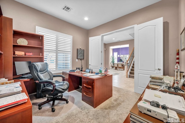 home office with light colored carpet, visible vents, recessed lighting, and light tile patterned floors