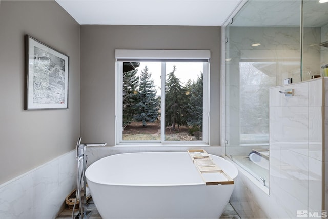 full bathroom featuring a wealth of natural light, a freestanding tub, and a marble finish shower