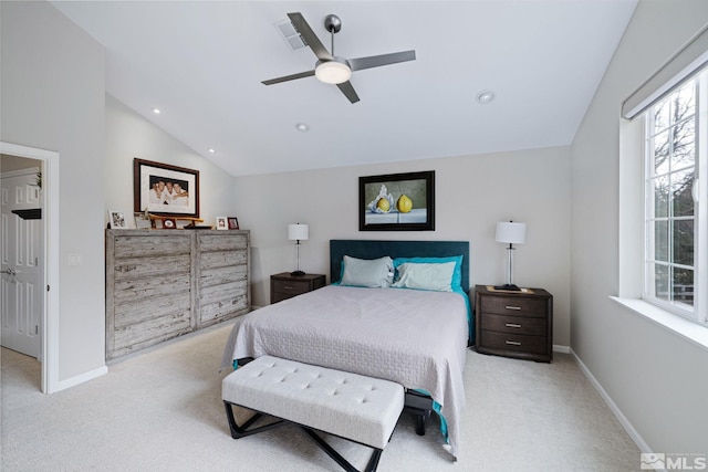 bedroom with carpet, vaulted ceiling, baseboards, and recessed lighting