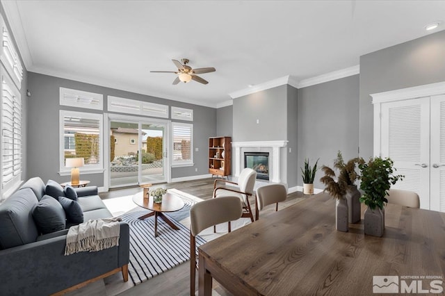 living room featuring baseboards, a premium fireplace, wood finished floors, and crown molding