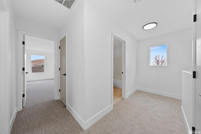 corridor featuring a wealth of natural light, light carpet, and visible vents