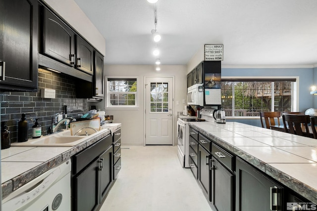 kitchen featuring white appliances, backsplash, a sink, and dark cabinetry