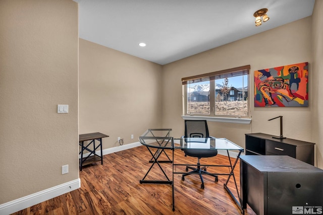 office area featuring recessed lighting, baseboards, and wood finished floors