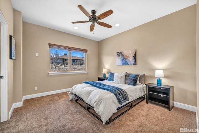 carpeted bedroom with ceiling fan, recessed lighting, and baseboards