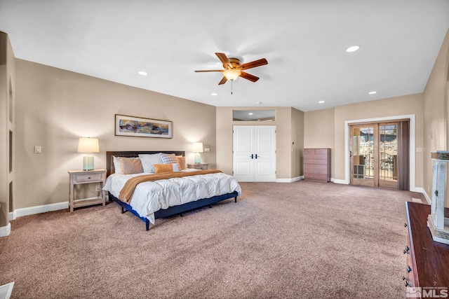 bedroom with carpet floors, access to exterior, recessed lighting, a ceiling fan, and baseboards