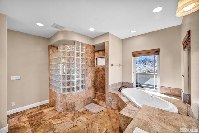 bathroom with visible vents, baseboards, a walk in shower, a bath, and recessed lighting