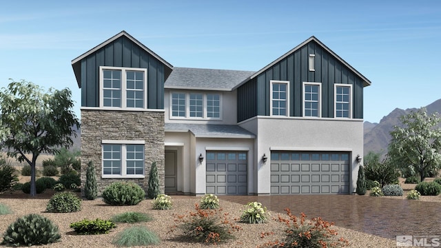 view of front of house featuring a garage, stone siding, decorative driveway, a mountain view, and board and batten siding