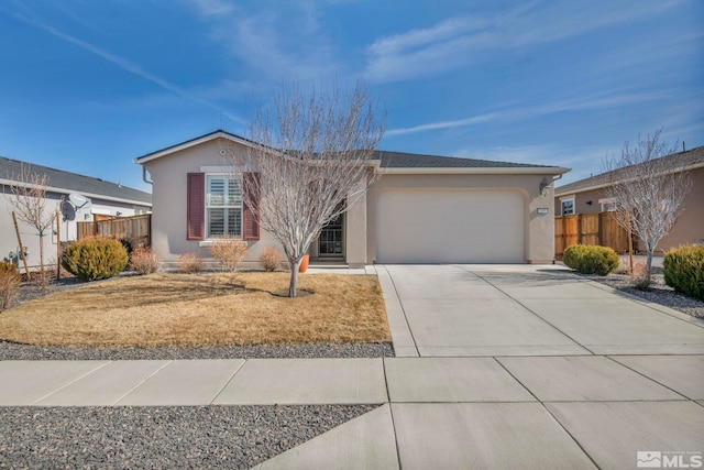 ranch-style house with fence, driveway, an attached garage, and stucco siding