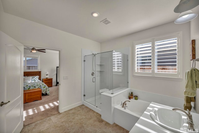 full bath with a garden tub, visible vents, a stall shower, a sink, and ensuite bath