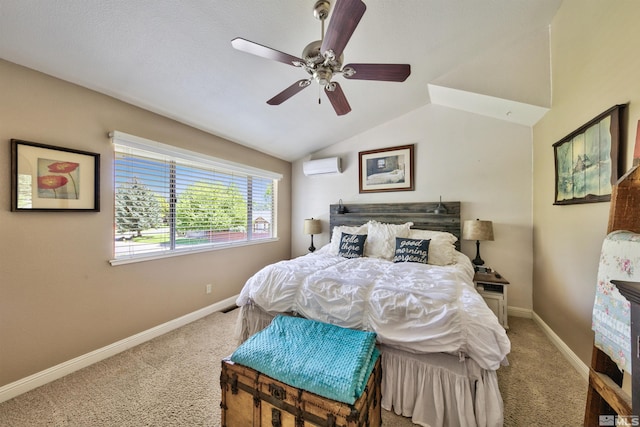 bedroom featuring carpet floors, baseboards, vaulted ceiling, and a wall mounted air conditioner