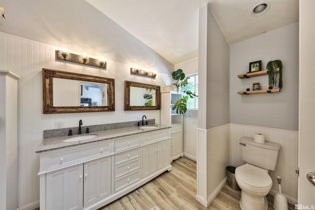 full bath featuring wood finished floors, vaulted ceiling, a sink, and wainscoting