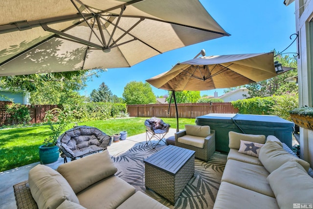 view of patio / terrace with a fenced backyard and an outdoor living space