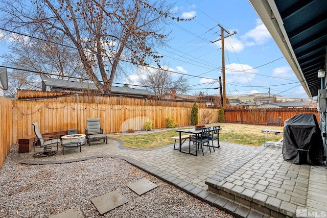 view of patio featuring an outdoor fire pit and a fenced backyard