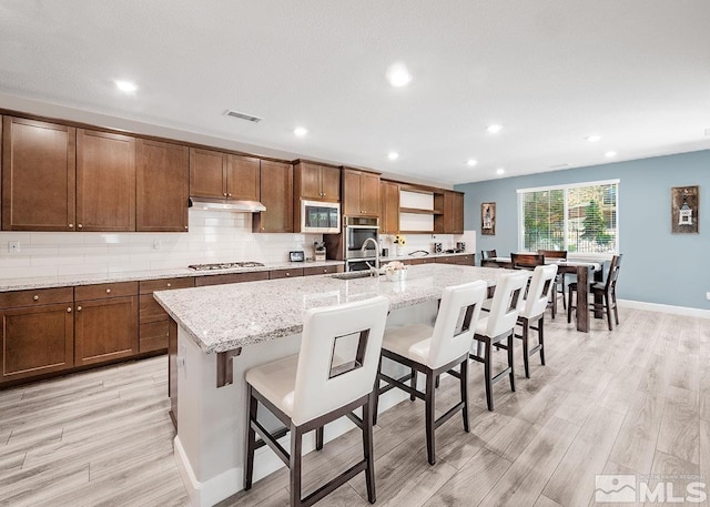 kitchen featuring light wood finished floors, decorative backsplash, appliances with stainless steel finishes, a sink, and under cabinet range hood