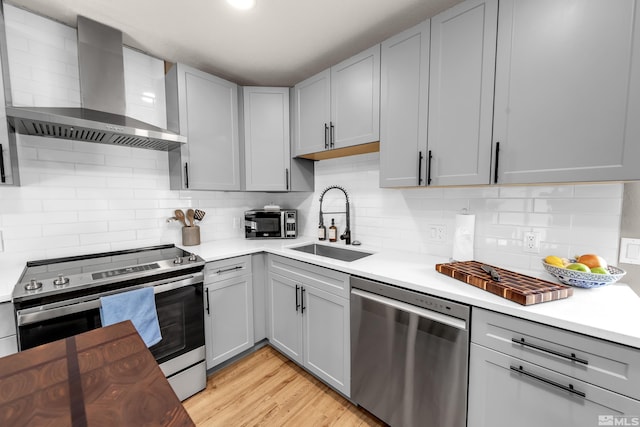 kitchen with wall chimney exhaust hood, appliances with stainless steel finishes, a sink, and gray cabinetry