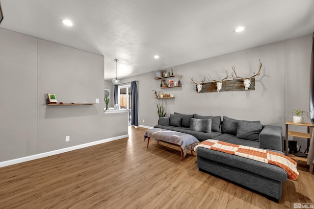 living area featuring baseboards, wood finished floors, and recessed lighting