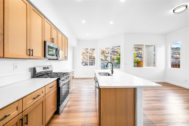 kitchen with stainless steel appliances, a sink, light wood-style floors, light countertops, and an island with sink