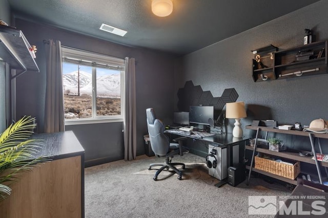 office area featuring a textured ceiling, a textured wall, carpet, and visible vents