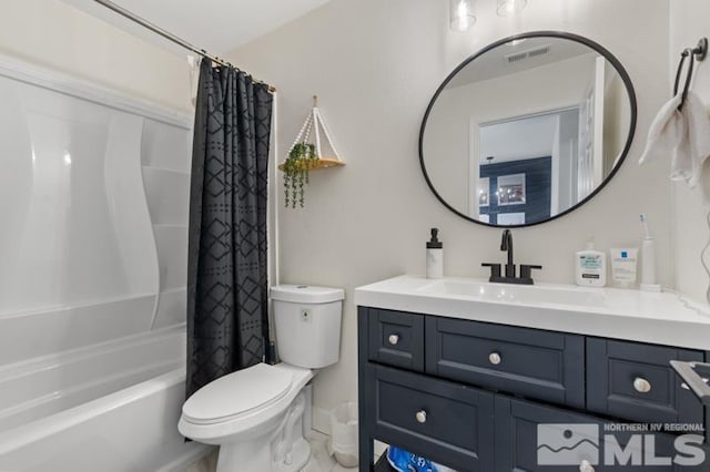 bathroom with shower / bath combination with curtain, visible vents, vanity, and toilet