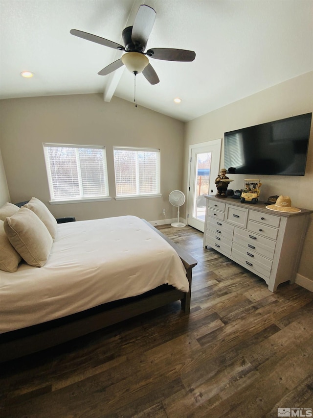 bedroom with access to exterior, dark wood-style flooring, vaulted ceiling with beams, ceiling fan, and baseboards