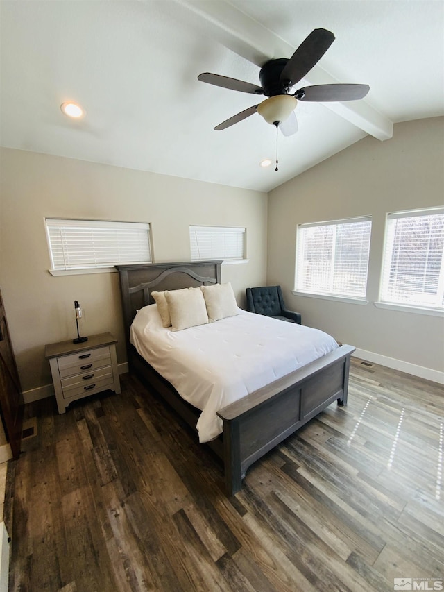 bedroom featuring lofted ceiling with beams, baseboards, wood finished floors, and recessed lighting