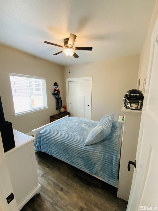 bedroom featuring a ceiling fan, a closet, and wood finished floors