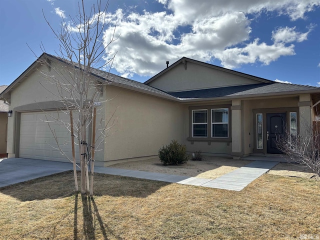 ranch-style house featuring stucco siding, concrete driveway, a garage, and a front yard