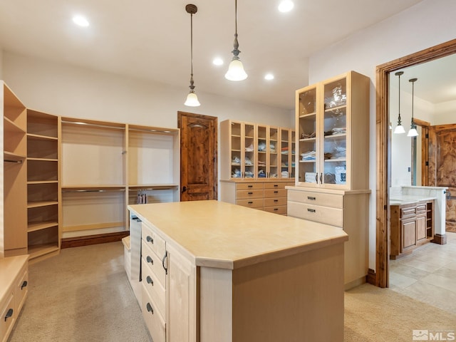 walk in closet with light colored carpet