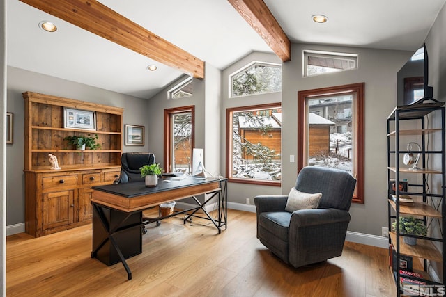 home office featuring vaulted ceiling with beams, light wood-style flooring, baseboards, and recessed lighting