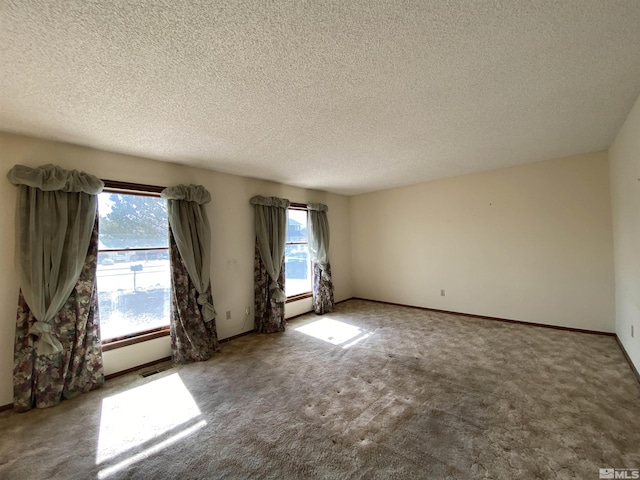 spare room with carpet, plenty of natural light, baseboards, and a textured ceiling