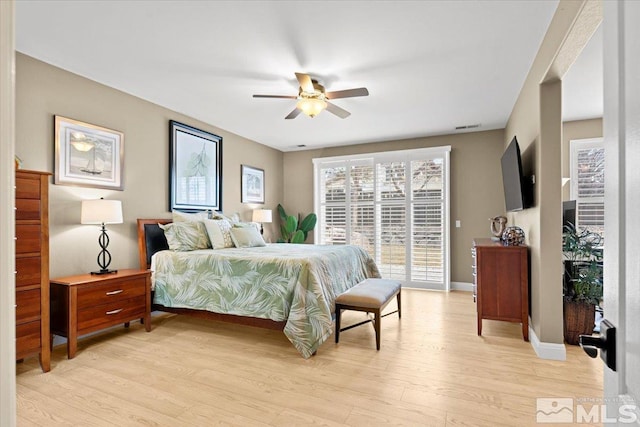 bedroom with visible vents, baseboards, ceiling fan, access to outside, and light wood-style floors