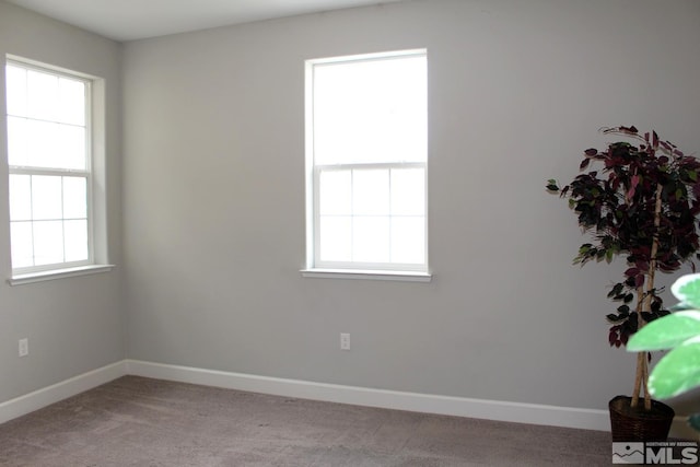 spare room with baseboards and light colored carpet
