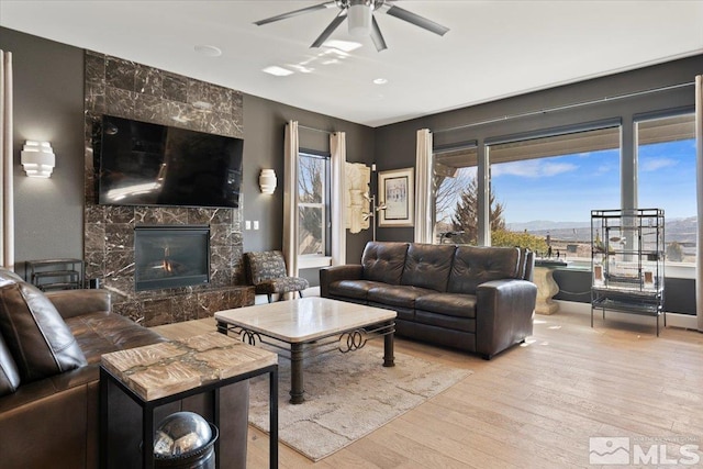 living room with ceiling fan, a premium fireplace, and wood finished floors