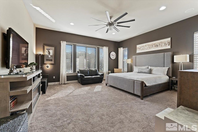 bedroom with baseboards, carpet floors, ceiling fan, and recessed lighting